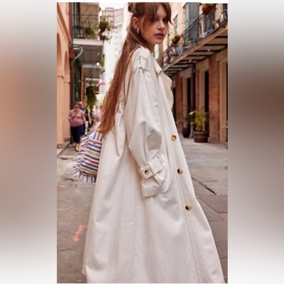 Free People Time's Up Trench Coat Maxi Stripe Trim Lining Pockets Ivory